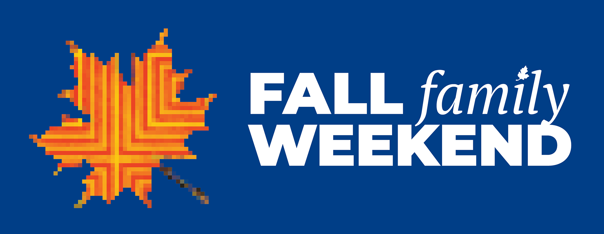 Fall family weekend logo with pixelated fall maple leaf
