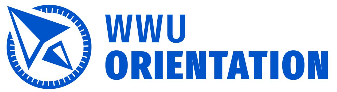 wwu orientation in blue text on a white background with a blue triangle pointer shape in a compass ring
